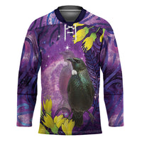 New Zealand Tui Bird Matariki Hockey Jersey Kowhai Flower Silver Fern Galaxy Maori Pattern LT22 Unisex Purple - Polynesian Pride