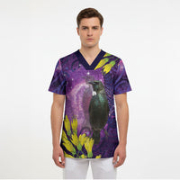 New Zealand Tui Bird Matariki Scrub Top Kowhai Flower Silver Fern Galaxy Maori Pattern