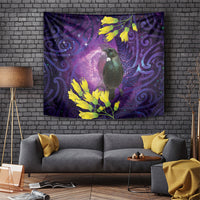 New Zealand Tui Bird Matariki Tapestry Kowhai Flower Silver Fern Galaxy Maori Pattern