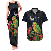 New Zealand Kakapo Matariki Personalised Couples Matching Tank Maxi Dress and Hawaiian Shirt Pohutukawa Flower Galaxy Maori Pattern LT22 Black - Polynesian Pride