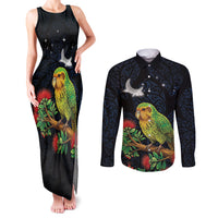 New Zealand Kakapo Matariki Personalised Couples Matching Tank Maxi Dress and Long Sleeve Button Shirt Pohutukawa Flower Galaxy Maori Pattern LT22 Black - Polynesian Pride