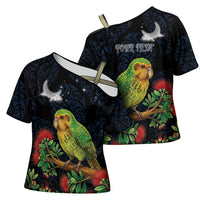New Zealand Kakapo Matariki Personalised Cross Shoulder Shirt Pohutukawa Flower Galaxy Maori Pattern