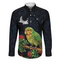 New Zealand Kakapo Matariki Personalised Family Matching Mermaid Dress and Hawaiian Shirt Pohutukawa Flower Galaxy Maori Pattern LT22 Dad's Shirt - Long Sleeve Black - Polynesian Pride
