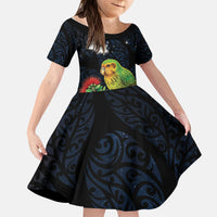 New Zealand Kakapo Matariki Personalised Kid Short Sleeve Dress Pohutukawa Flower Galaxy Maori Pattern LT22 KID Black - Polynesian Pride