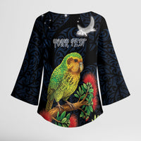 New Zealand Kakapo Matariki Personalised Kimono Sleeve Blouse Pohutukawa Flower Galaxy Maori Pattern