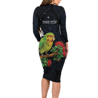 New Zealand Kakapo Matariki Personalised Long Sleeve Bodycon Dress Pohutukawa Flower Galaxy Maori Pattern