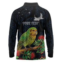 New Zealand Kakapo Matariki Personalised Long Sleeve Polo Shirt Pohutukawa Flower Galaxy Maori Pattern