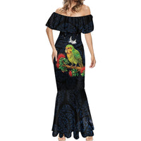 New Zealand Kakapo Matariki Personalised Mermaid Dress Pohutukawa Flower Galaxy Maori Pattern