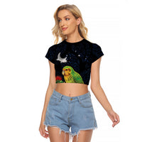 New Zealand Kakapo Matariki Personalised Raglan Cropped T Shirt Pohutukawa Flower Galaxy Maori Pattern