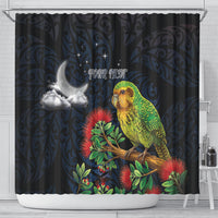 New Zealand Kakapo Matariki Personalised Shower Curtain Pohutukawa Flower Galaxy Maori Pattern