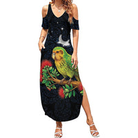 New Zealand Kakapo Matariki Personalised Summer Maxi Dress Pohutukawa Flower Galaxy Maori Pattern