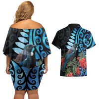 Tui Bird Kakabeak New Zealand Couples Matching Off Shoulder Short Dress and Hawaiian Shirt Clianthus Galaxy Maori Koru Pattern LT22 - Polynesian Pride