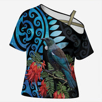 Tui Bird Kakabeak New Zealand Cross Shoulder Shirt Clianthus Galaxy Maori Koru Pattern
