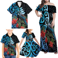 Tui Bird Kakabeak New Zealand Family Matching Off Shoulder Maxi Dress and Hawaiian Shirt Clianthus Galaxy Maori Koru Pattern LT22 - Polynesian Pride
