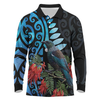 Tui Bird Kakabeak New Zealand Long Sleeve Polo Shirt Clianthus Galaxy Maori Koru Pattern