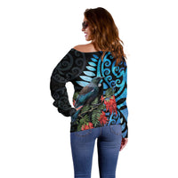Tui Bird Kakabeak New Zealand Off Shoulder Sweater Clianthus Galaxy Maori Koru Pattern
