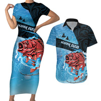 Personalised Snapper Fishing New Zealand Couples Matching Short Sleeve Bodycon Dress and Hawaiian Shirt Tamure Fish Hook Maori Pattern LT22 Blue - Polynesian Pride