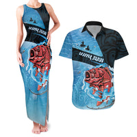 Personalised Snapper Fishing New Zealand Couples Matching Tank Maxi Dress and Hawaiian Shirt Tamure Fish Hook Maori Pattern LT22 Blue - Polynesian Pride