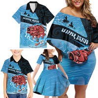 Personalised Snapper Fishing New Zealand Family Matching Off Shoulder Short Dress and Hawaiian Shirt Tamure Fish Hook Maori Pattern LT22 - Polynesian Pride