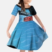 Personalised Snapper Fishing New Zealand Family Matching Summer Maxi Dress and Hawaiian Shirt Tamure Fish Hook Maori Pattern LT22 Daughter's Dress Blue - Polynesian Pride