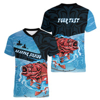 Personalised Snapper Fishing New Zealand Women V-Neck T-Shirt Tamure Fish Hook Maori Pattern LT22 - Polynesian Pride