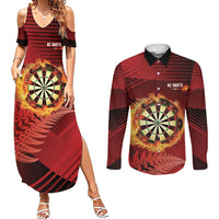 Personalised Darts New Zealand Couples Matching Summer Maxi Dress and Long Sleeve Button Shirt Silver Fern Red Color