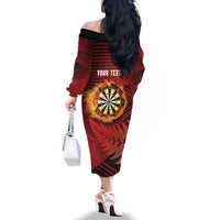 Personalised Darts New Zealand Family Matching Off The Shoulder Long Sleeve Dress and Hawaiian Shirt Silver Fern Red Color LT22 - Polynesian Pride