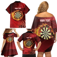 Personalised Darts New Zealand Family Matching Off Shoulder Short Dress and Hawaiian Shirt Silver Fern Red Color LT22 - Polynesian Pride