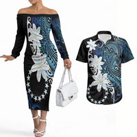 Cook Islands Maori Language Week Couples Matching Off The Shoulder Long Sleeve Dress and Hawaiian Shirt Tiare Maori Kuki Airani Blue Pattern