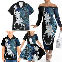 Cook Islands Maori Language Week Family Matching Off The Shoulder Long Sleeve Dress and Hawaiian Shirt Tiare Maori Kuki Airani Blue Pattern