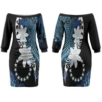 Cook Islands Maori Language Week Family Matching Off The Shoulder Long Sleeve Dress and Hawaiian Shirt Tiare Maori Kuki Airani Blue Pattern