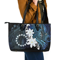 Cook Islands Maori Language Week Leather Tote Bag Tiare Maori Kuki Airani Blue Pattern