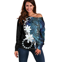 Cook Islands Maori Language Week Off Shoulder Sweater Tiare Maori Kuki Airani Blue Pattern