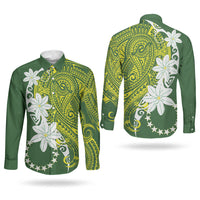 Cook Islands Maori Language Week Couples Matching Long Sleeve Bodycon Dress and Long Sleeve Button Shirt Tiare Maori Kuki Airani Green Pattern