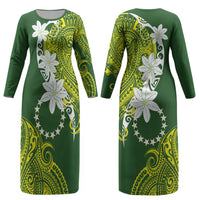 Cook Islands Maori Language Week Couples Matching Long Sleeve Bodycon Dress and Long Sleeve Button Shirt Tiare Maori Kuki Airani Green Pattern