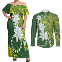 Cook Islands Maori Language Week Couples Matching Off Shoulder Maxi Dress and Long Sleeve Button Shirt Tiare Maori Kuki Airani Green Pattern