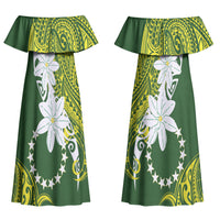 Cook Islands Maori Language Week Couples Matching Off Shoulder Maxi Dress and Long Sleeve Button Shirt Tiare Maori Kuki Airani Green Pattern