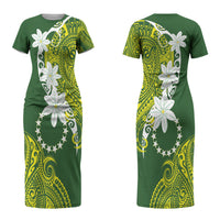 Cook Islands Maori Language Week Couples Matching Short Sleeve Bodycon Dress and Long Sleeve Button Shirt Tiare Maori Kuki Airani Green Pattern