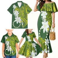 Cook Islands Maori Language Week Family Matching Mermaid Dress and Hawaiian Shirt Tiare Maori Kuki Airani Green Pattern