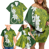 Cook Islands Maori Language Week Family Matching Off Shoulder Short Dress and Hawaiian Shirt Tiare Maori Kuki Airani Green Pattern