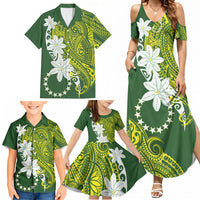 Cook Islands Maori Language Week Family Matching Summer Maxi Dress and Hawaiian Shirt Tiare Maori Kuki Airani Green Pattern