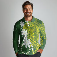 Cook Islands Maori Language Week Long Sleeve Polo Shirt Tiare Maori Kuki Airani Green Pattern