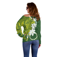 Cook Islands Maori Language Week Off Shoulder Sweater Tiare Maori Kuki Airani Green Pattern