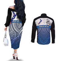 Personalised Cycling New Zealand Couples Matching Off The Shoulder Long Sleeve Dress and Long Sleeve Button Shirt Aotearoa Map Fern Maori Pattern LT22 - Polynesian Pride