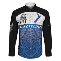 Personalised Cycling New Zealand Family Matching Off The Shoulder Long Sleeve Dress and Hawaiian Shirt Aotearoa Map Fern Maori Pattern LT22 Dad's Shirt - Long Sleeve Blue - Polynesian Pride
