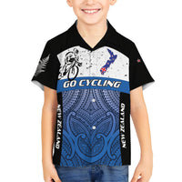 Personalised Cycling New Zealand Family Matching Off The Shoulder Long Sleeve Dress and Hawaiian Shirt Aotearoa Map Fern Maori Pattern LT22 Son's Shirt Blue - Polynesian Pride