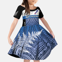 Personalised Cycling New Zealand Family Matching Tank Maxi Dress and Hawaiian Shirt Aotearoa Map Fern Maori Pattern LT22 Daughter's Dress Blue - Polynesian Pride