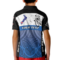 Personalised Cycling New Zealand Kid Polo Shirt Aotearoa Map Fern Maori Pattern