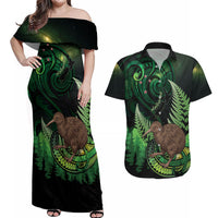 Kiwi New Zealand Personalised Couples Matching Off Shoulder Maxi Dress and Hawaiian Shirt Aotearoa Map Silver Fern Koru Pattern