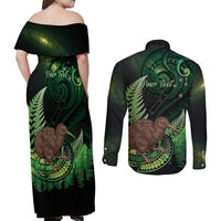 Kiwi New Zealand Personalised Couples Matching Off Shoulder Maxi Dress and Long Sleeve Button Shirt Aotearoa Map Silver Fern Koru Pattern